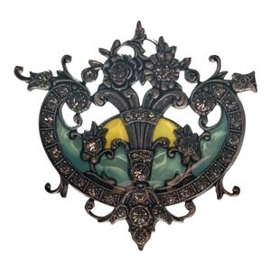 Art Deco Style Pin Brooch Yellow Green Plique a Jour Rhinestones Pewter Tone vtg